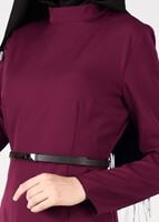 Tesettür giyim BORDO NAKIŞ DETAYLI ŞAL YAKA ELBİSE 4963