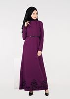 Tesettür giyim MOR NAKIŞ DETAYLI ŞAL YAKA ELBİSE 4963