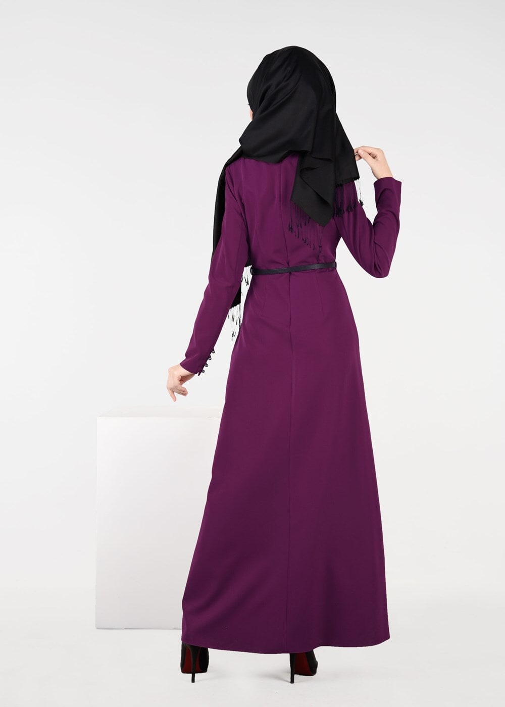Tesettür giyim MOR NAKIŞ DETAYLI ŞAL YAKA ELBİSE 4963