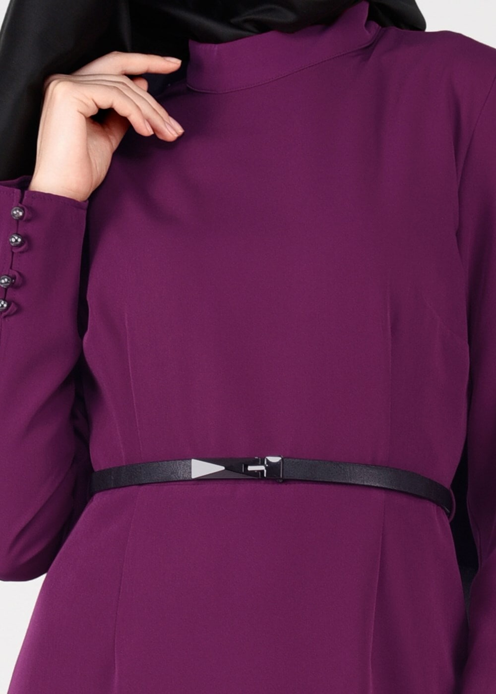 Tesettür giyim MOR NAKIŞ DETAYLI ŞAL YAKA ELBİSE 4963