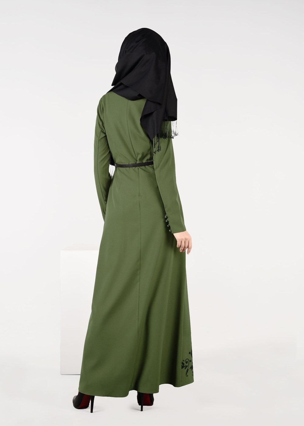 Tesettür giyim YEŞİL NAKIŞ DETAYLI ŞAL YAKA ELBİSE 4963