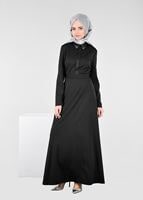 Tesettür giyim SİYAH BİYE DETAYLI KUŞAKLI ELBİSE 4964