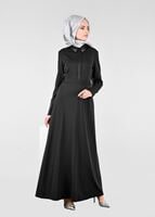 Tesettür giyim SİYAH BİYE DETAYLI KUŞAKLI ELBİSE 4964
