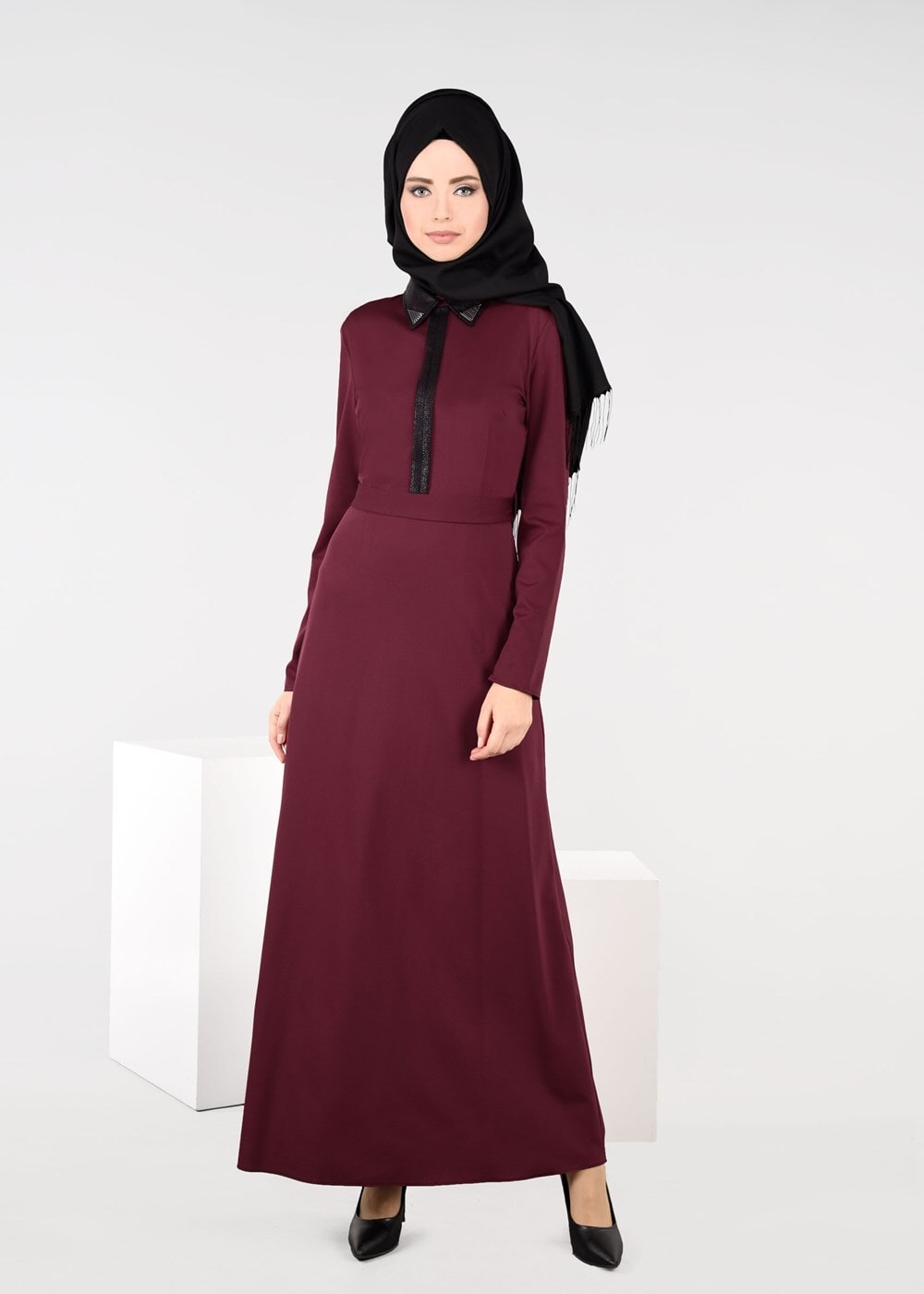 Tesettür giyim BORDO BİYE DETAYLI KUŞAKLI ELBİSE 4964