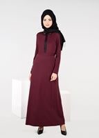 Tesettür giyim BORDO BİYE DETAYLI KUŞAKLI ELBİSE 4964
