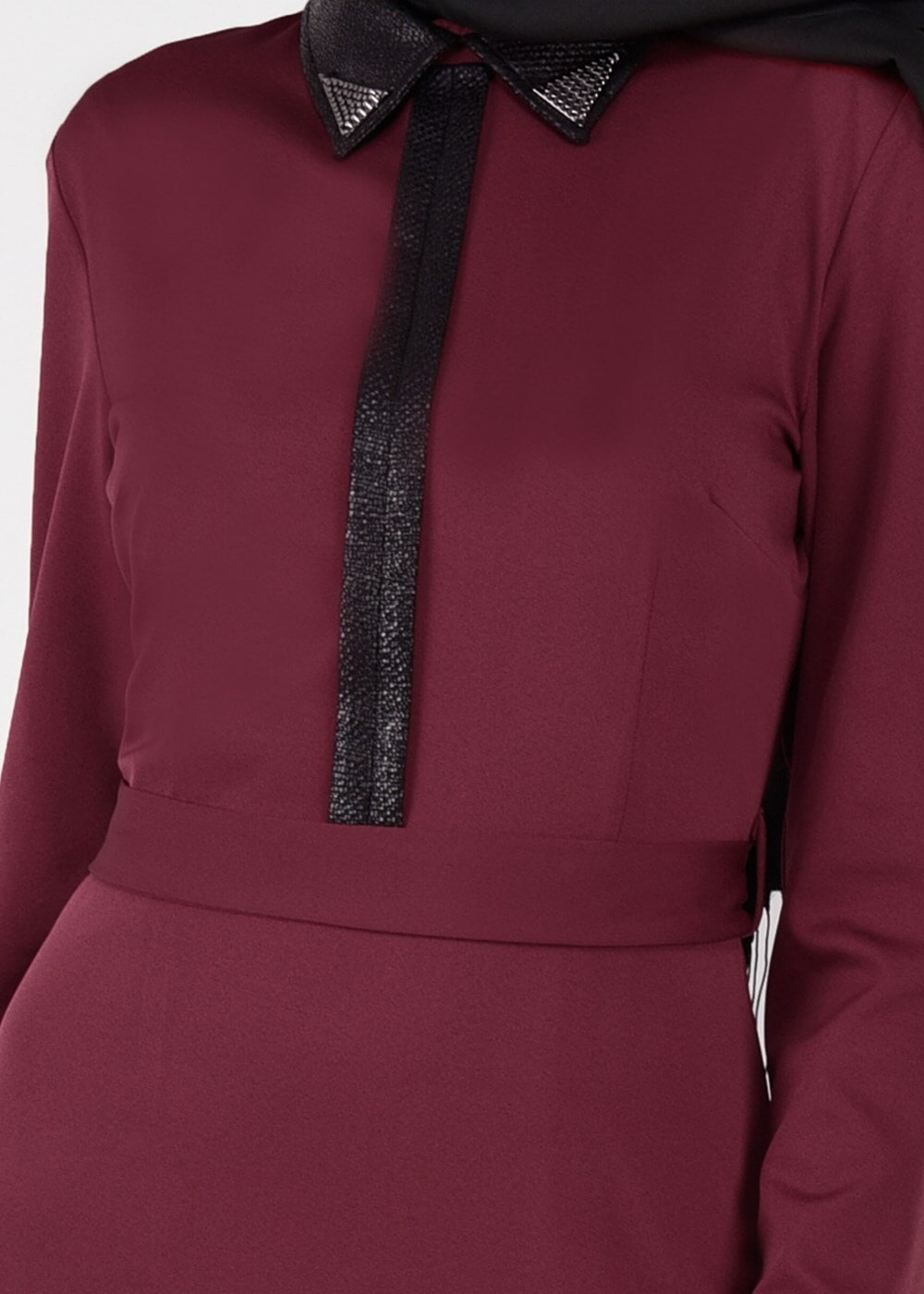 Tesettür giyim BORDO BİYE DETAYLI KUŞAKLI ELBİSE 4964