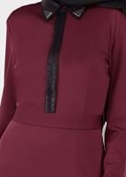 Tesettür giyim BORDO BİYE DETAYLI KUŞAKLI ELBİSE 4964