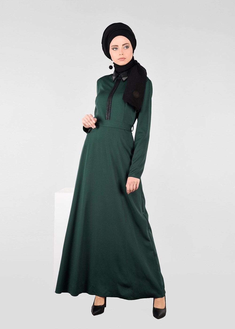 Tesettür giyim YEŞİL BİYE DETAYLI KUŞAKLI ELBİSE 4964