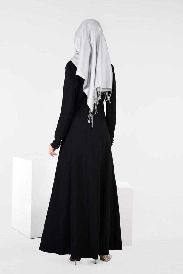 Tesettür giyim SİYAH FERMUAR DETAYLI NAKIŞLI ELBİSE 4966  - TRENDTESETTÜR
