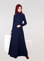 Tesettür giyim LACİVERT FERMUAR DETAYLI NAKIŞLI ELBİSE 4966 