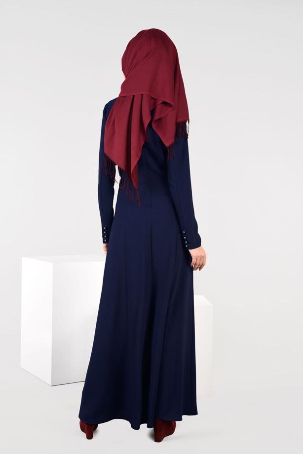 Tesettür giyim LACİVERT FERMUAR DETAYLI NAKIŞLI ELBİSE 4966  - TRENDTESETTÜR