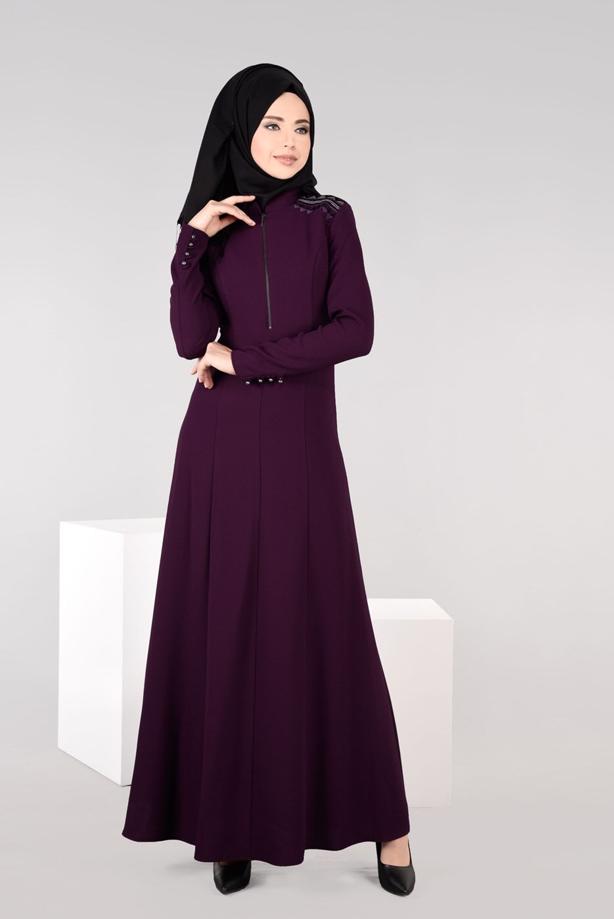 Tesettür giyim MÜRDÜM FERMUAR DETAYLI NAKIŞLI ELBİSE 4966  - TRENDTESETTÜR