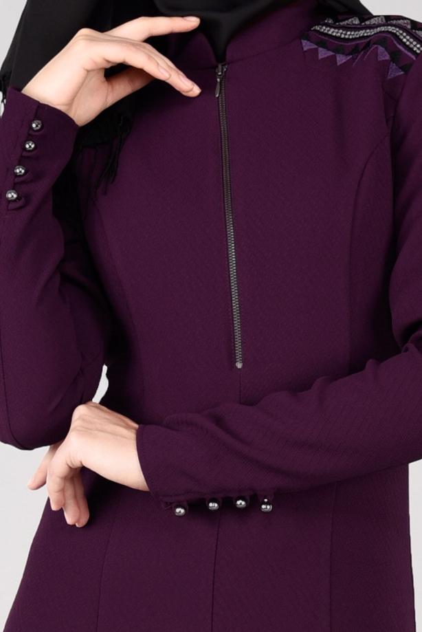 Tesettür giyim MÜRDÜM FERMUAR DETAYLI NAKIŞLI ELBİSE 4966  - TRENDTESETTÜR