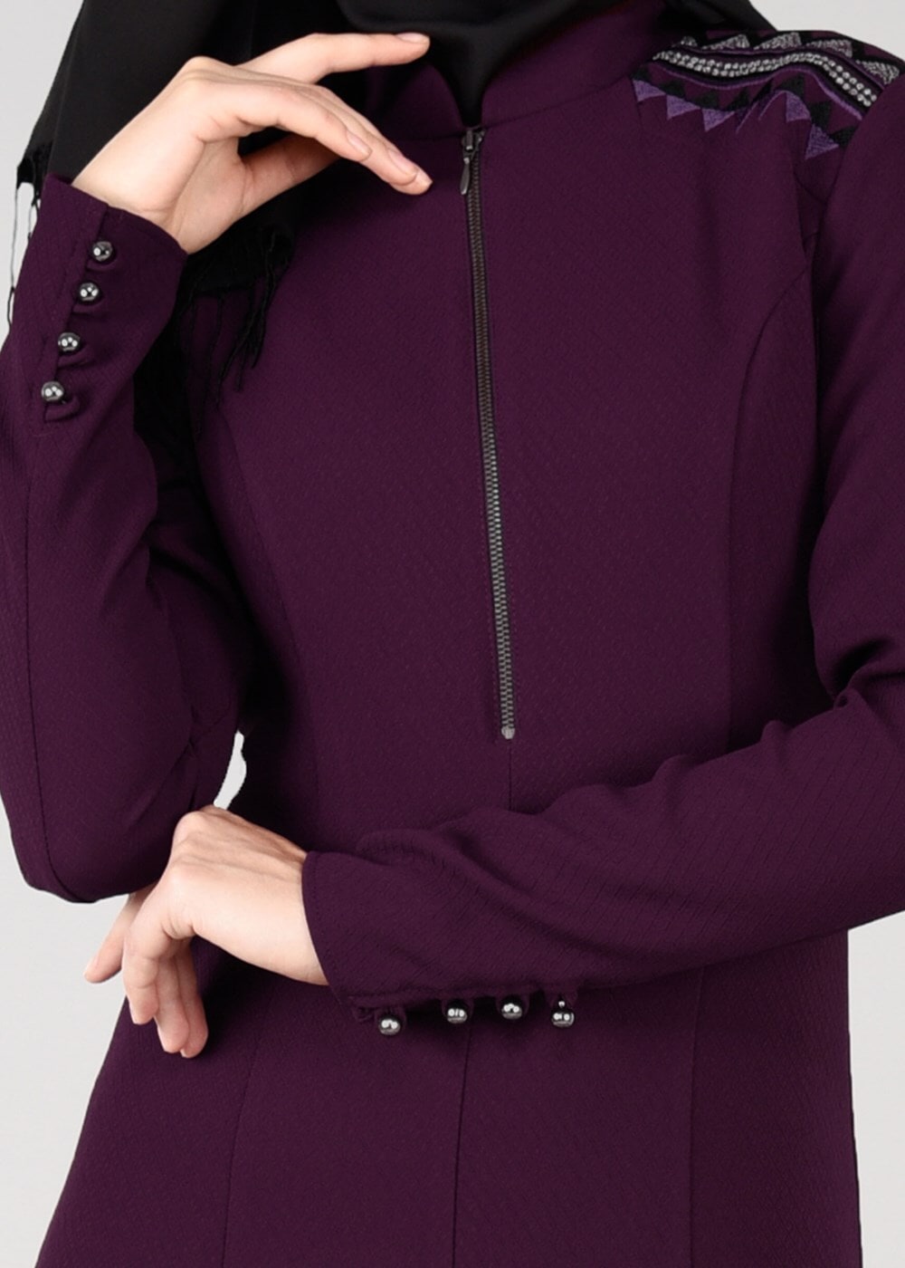 Tesettür giyim MÜRDÜM FERMUAR DETAYLI NAKIŞLI ELBİSE 4966 