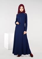Tesettür giyim LACİVERT FERMUAR DETAYLI NAKIŞLI ELBİSE 4966 