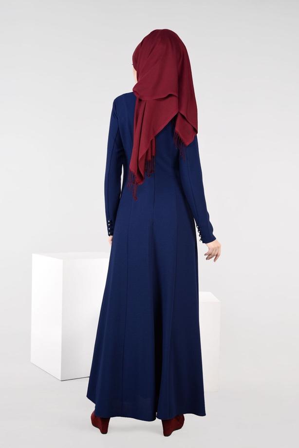 Tesettür giyim LACİVERT FERMUAR DETAYLI NAKIŞLI ELBİSE 4966  - TRENDTESETTÜR