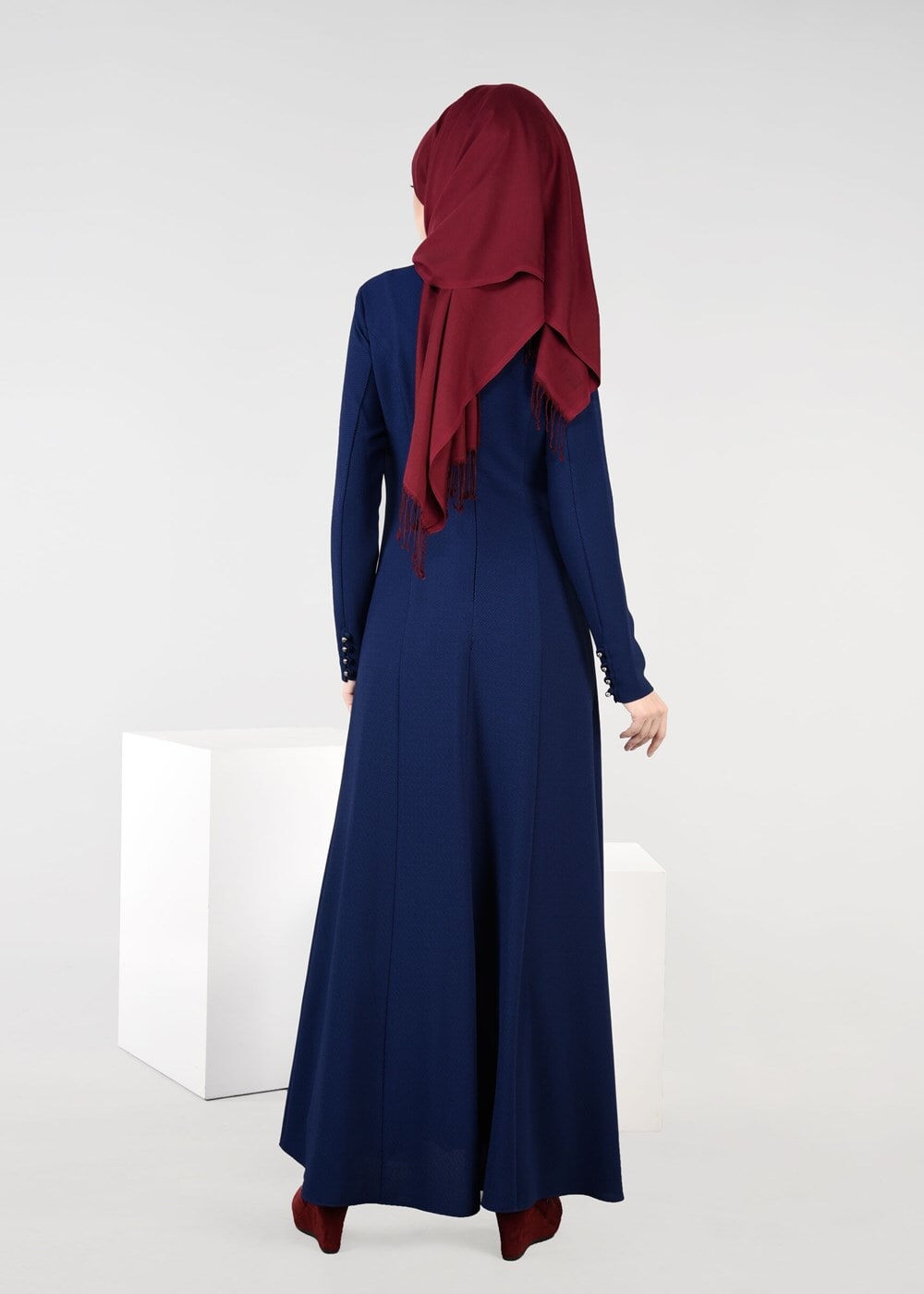 Tesettür giyim LACİVERT FERMUAR DETAYLI NAKIŞLI ELBİSE 4966 