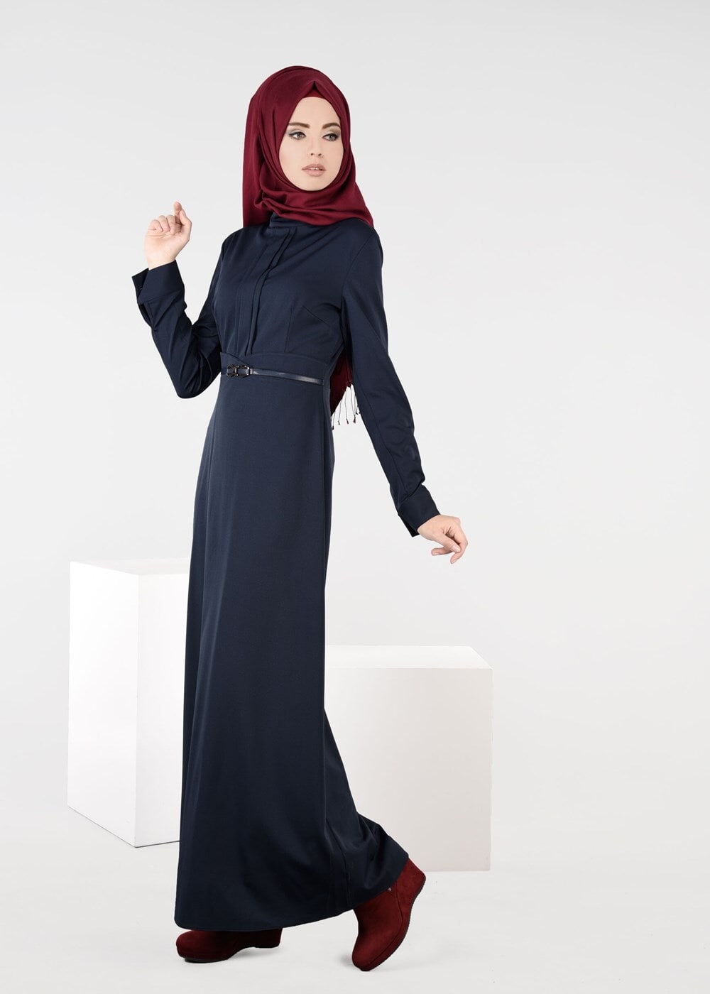 Tesettür giyim LACİVERT ALVİNA BELİ KEMERLİ ELBİSE 4967 