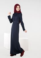 Tesettür giyim LACİVERT ALVİNA BELİ KEMERLİ ELBİSE 4967 