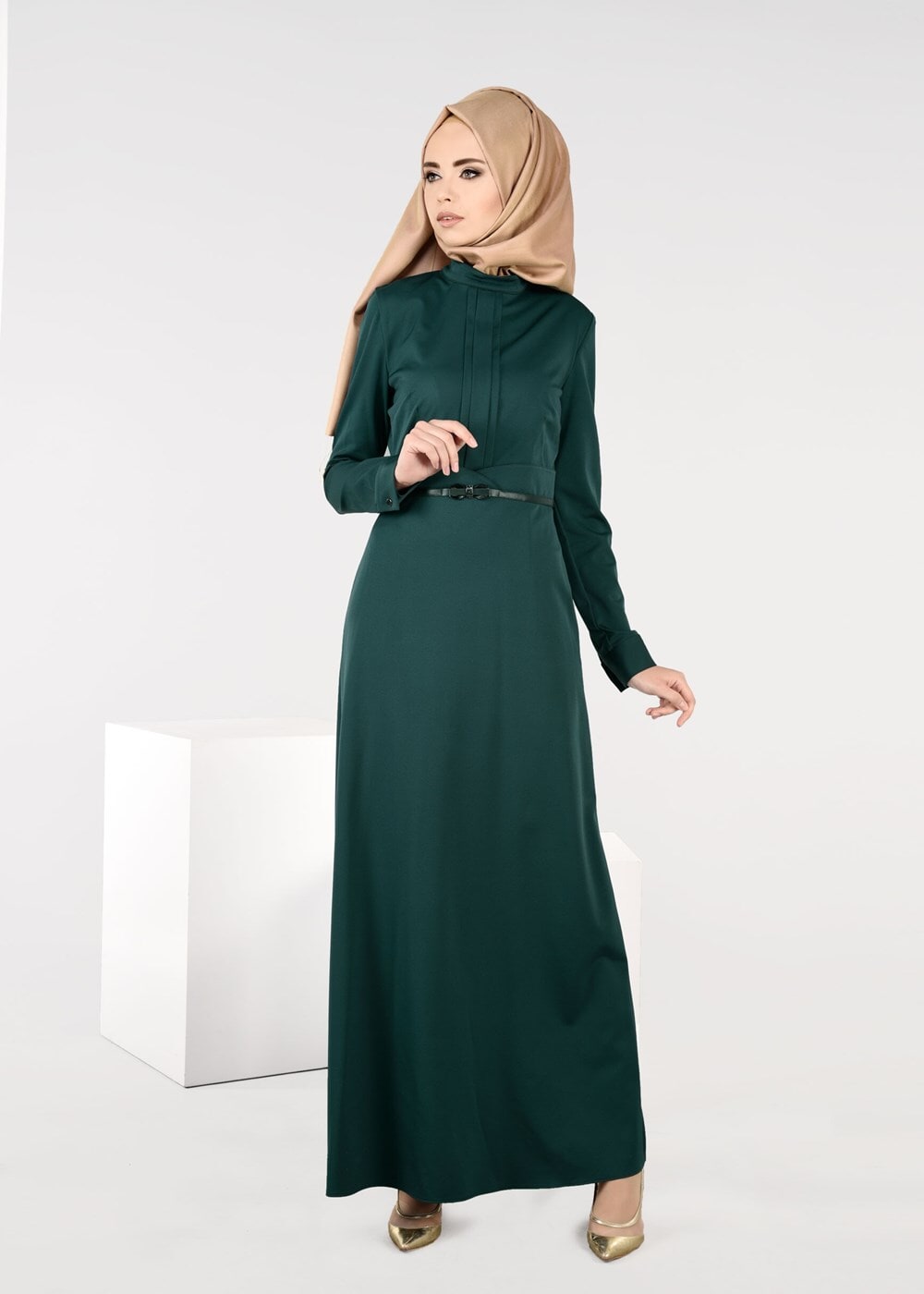 Tesettür giyim YEŞİL ALVİNA BELİ KEMERLİ ELBİSE 4967 