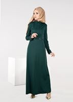 Tesettür giyim YEŞİL ALVİNA BELİ KEMERLİ ELBİSE 4967 