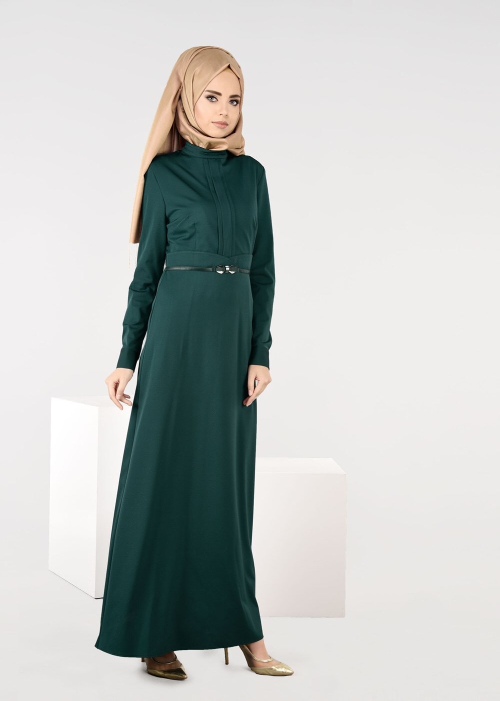Tesettür giyim YEŞİL ALVİNA BELİ KEMERLİ ELBİSE 4967 
