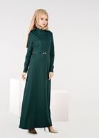 Tesettür giyim YEŞİL ALVİNA BELİ KEMERLİ ELBİSE 4967 