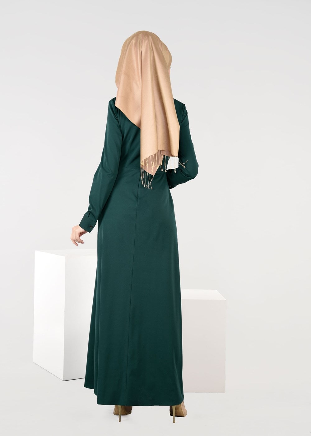 Tesettür giyim YEŞİL ALVİNA BELİ KEMERLİ ELBİSE 4967 