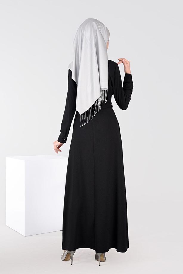 Tesettür giyim SİYAH ÇİÇEK NAKIŞLI ELBİSE 4969 - TRENDTESETTÜR