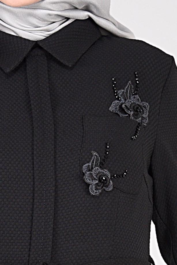 Tesettür giyim SİYAH ÇİÇEK NAKIŞLI ELBİSE 4969 - TRENDTESETTÜR