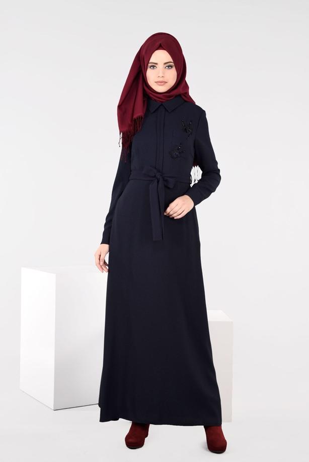 Tesettür giyim LACİVERT ÇİÇEK NAKIŞLI ELBİSE 4969 - TRENDTESETTÜR