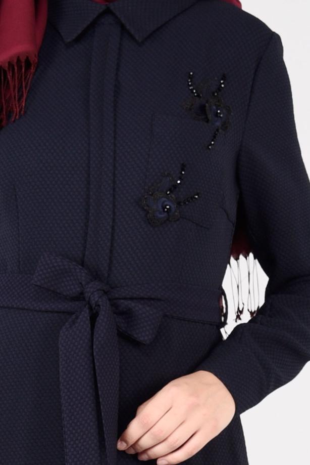 Tesettür giyim LACİVERT ÇİÇEK NAKIŞLI ELBİSE 4969 - TRENDTESETTÜR