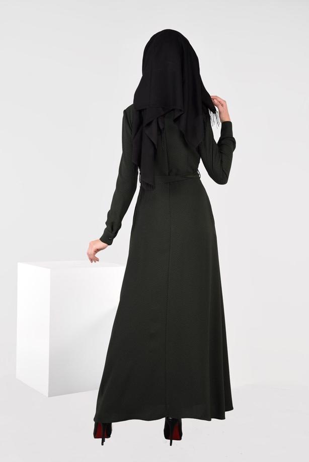 Tesettür giyim YEŞİL ÇİÇEK NAKIŞLI ELBİSE 4969 - TRENDTESETTÜR