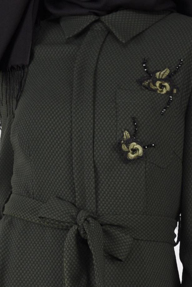 Tesettür giyim YEŞİL ÇİÇEK NAKIŞLI ELBİSE 4969 - TRENDTESETTÜR