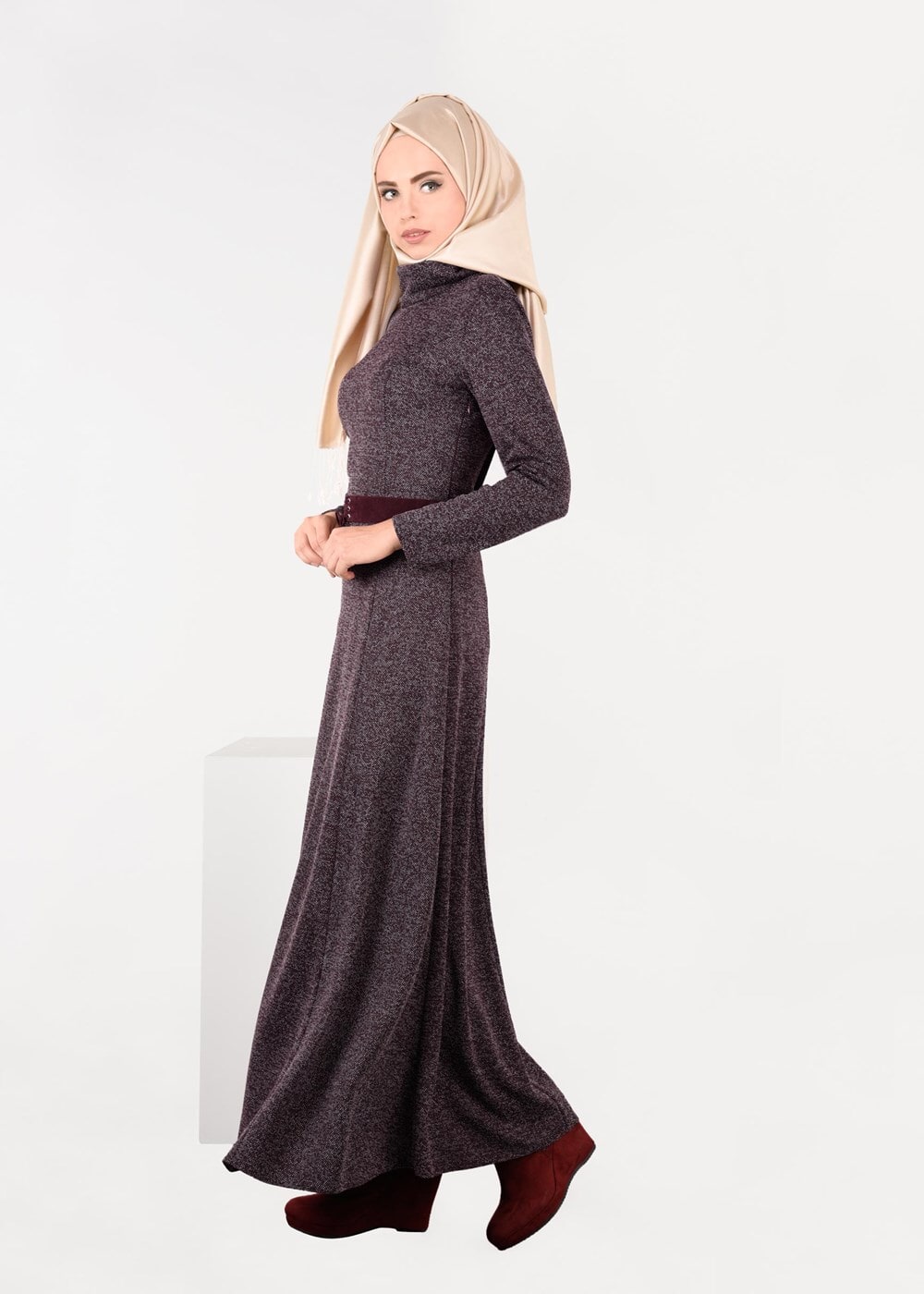 Tesettür giyim MÜRDÜM KEMERLİ ŞAL YAKA ELBİSE 4987