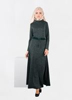 Tesettür giyim YEŞİL KEMERLİ ŞAL YAKA ELBİSE 4987