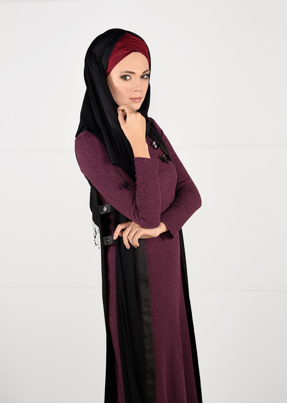 Tesettür giyim BORDO ARMALI FİTİLLİ TRİKO DAR KESİM ELBİSE 4988