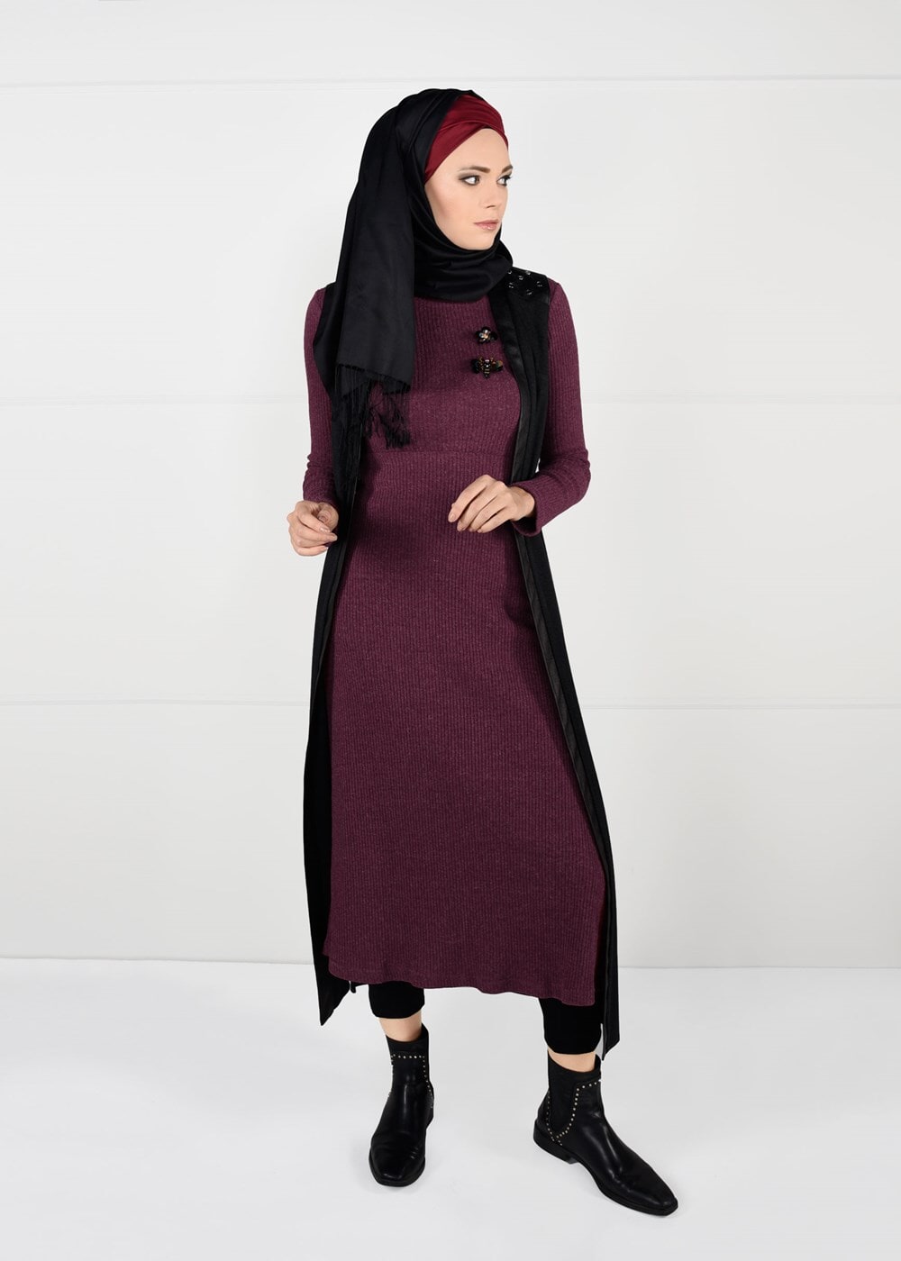 Tesettür giyim BORDO ARMALI FİTİLLİ TRİKO DAR KESİM ELBİSE 4988
