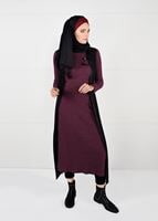Tesettür giyim BORDO ARMALI FİTİLLİ TRİKO DAR KESİM ELBİSE 4988