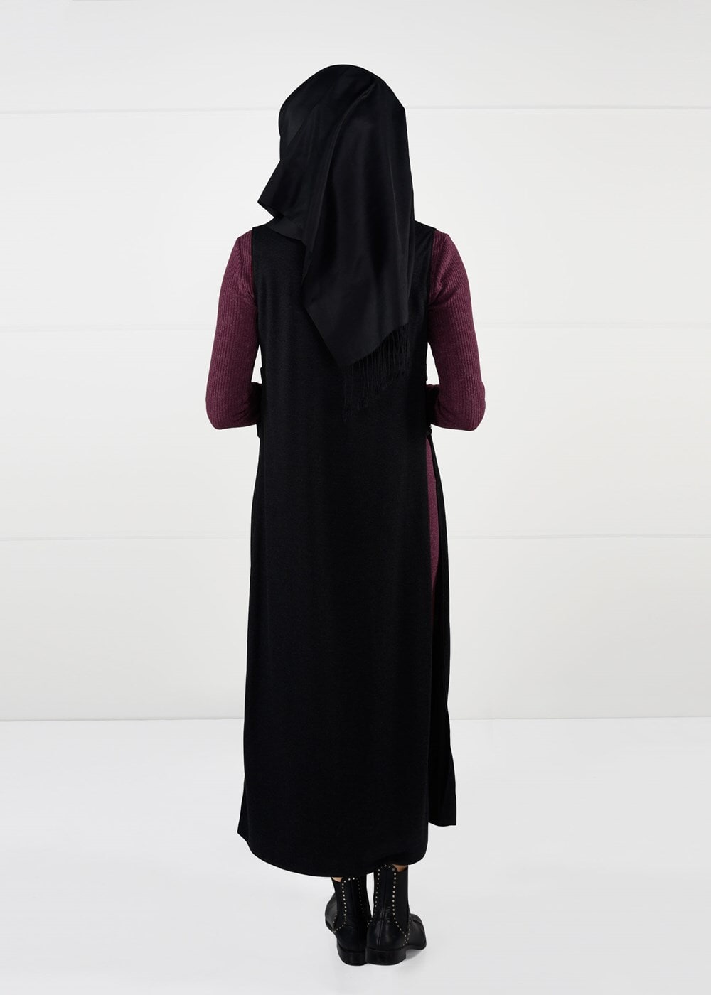 Tesettür giyim BORDO ARMALI FİTİLLİ TRİKO DAR KESİM ELBİSE 4988