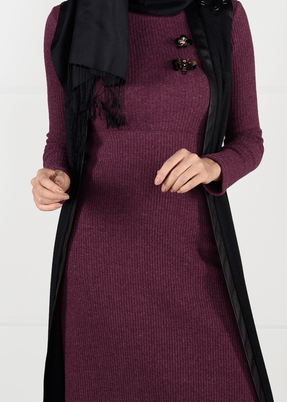Tesettür giyim BORDO ARMALI FİTİLLİ TRİKO DAR KESİM ELBİSE 4988