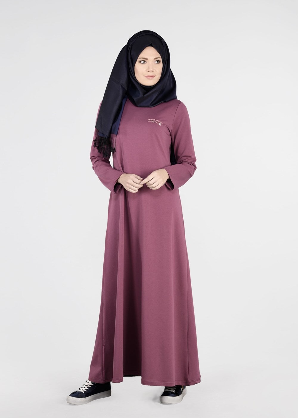 Tesettür giyim BORDO YAZI DETAYLI SPOR ELBİSE 8841