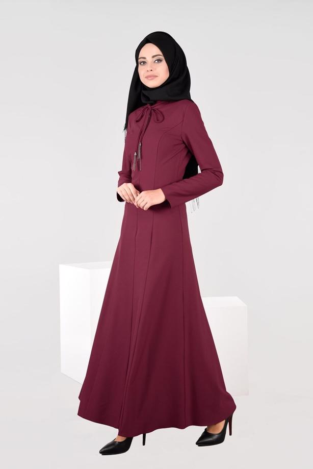 Tesettür giyim BORDO YAKASI BAĞCIKLI ELBİSE 4968  - TRENDTESETTÜR