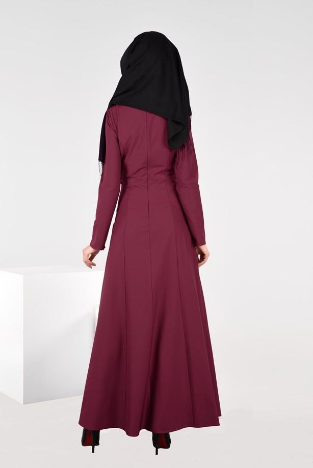 Tesettür giyim BORDO YAKASI BAĞCIKLI ELBİSE 4968  - TRENDTESETTÜR