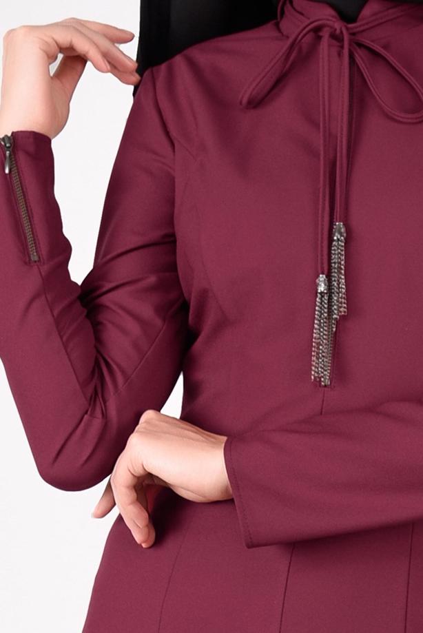 Tesettür giyim BORDO YAKASI BAĞCIKLI ELBİSE 4968  - TRENDTESETTÜR