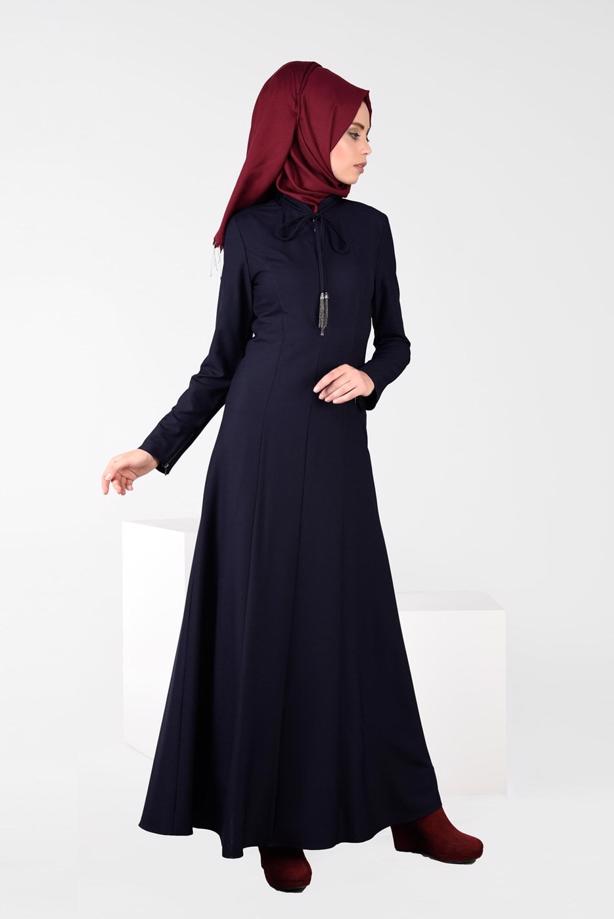 Tesettür giyim LACİVERT YAKASI BAĞCIKLI ELBİSE 4968  - TRENDTESETTÜR