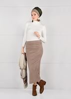Tesettür giyim BEJ DAR KESİM SÜET ETEK 85941