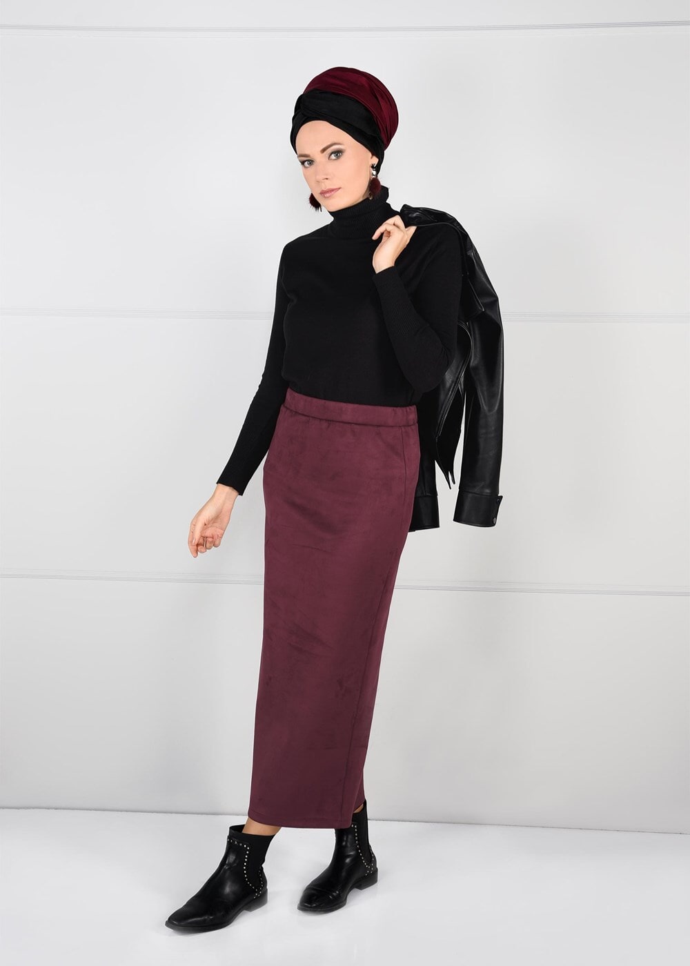 Tesettür giyim BORDO DAR KESİM SÜET ETEK 85941