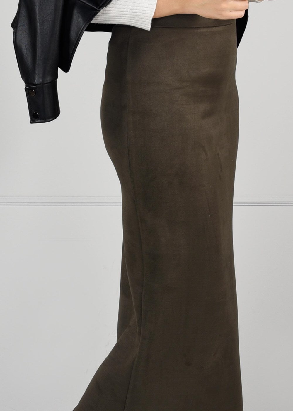 Tesettür giyim HAKİ DAR KESİM SÜET ETEK 85941