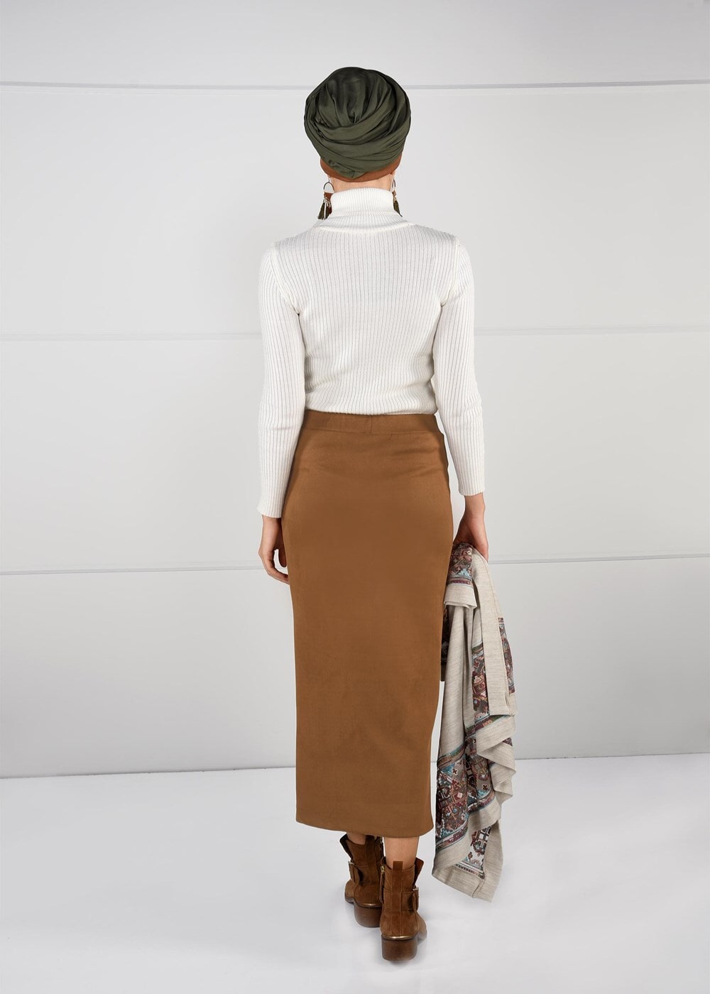 Tesettür giyim KAHVE DAR KESİM SÜET ETEK 85941